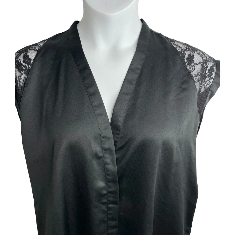 Victorias Secret Black‎ Satin Lace Shoulder Kimono Robe Sleepwear Womens Large